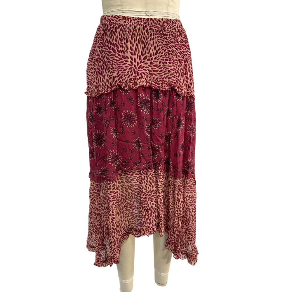 Ba&Sh Asymmetric Tiered Printed Burgundy Gapi Midi Skirt Size 1 - Picture 3 of 6